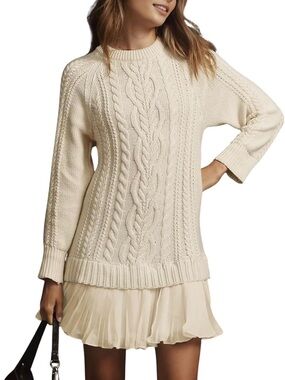 Cream Cable-Knit Crew Sweater with Pleated Hem